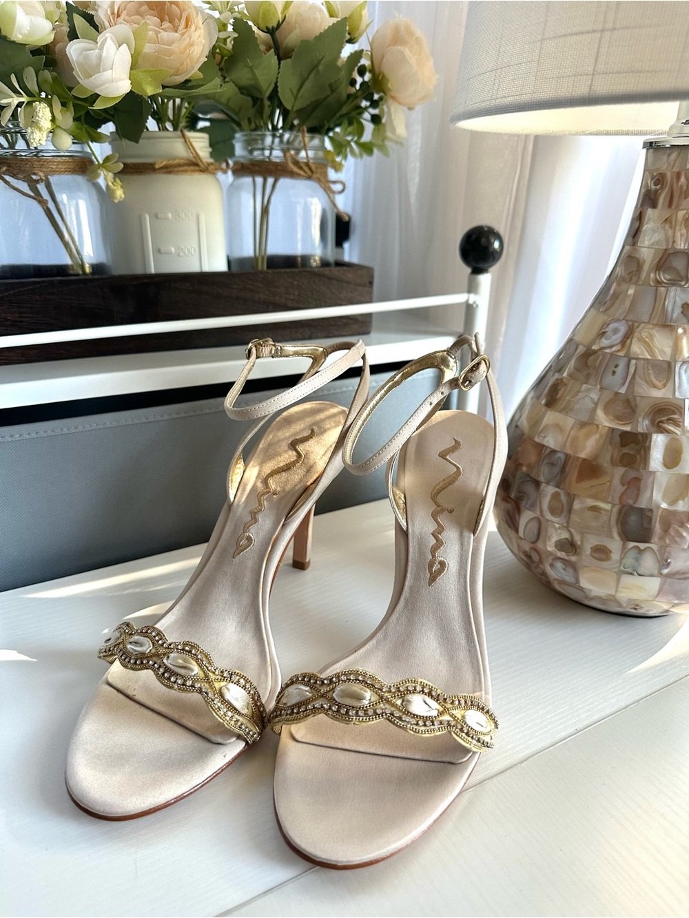 Nina Satin Champagne Gold Beaded Ankle Strap Heels Leather Sole Size 9
